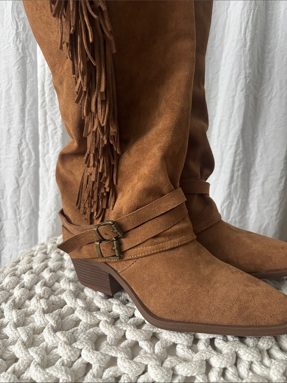Fringed Tall Suede-Look Heeled Boots in Brown - Picture 4 of 9